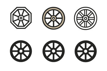 Traditional Farm Icons. Family farm life and traditional agricultural practices. Icon set. Set Logo of traditional craftsmanship: wooden cart wheel. harmonious