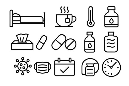 Sick Day Icons. Sick day. Line icon set of sick day: bed, blanket, cup of tea, thermometer, tissue box, medicine pill, hot water bottle, cough syrup, virus