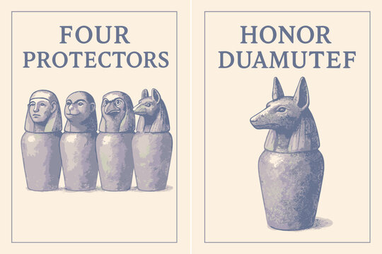 Honor Duamutef Banners. Sons of Horus. Two vertical A6 banners with safe margins, centered composition, no elements touching edges, pastel, indigo and silver,