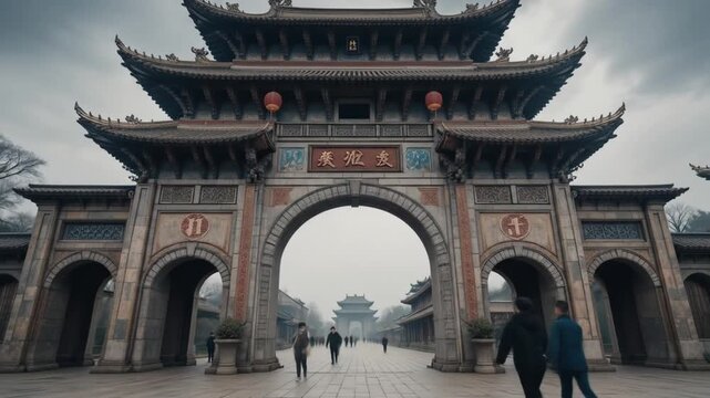 An ancient city gate with a layered roof and red lanterns stands tall in Enshi, China under a cloudy sky, showcasing traditional architecture. 4k video