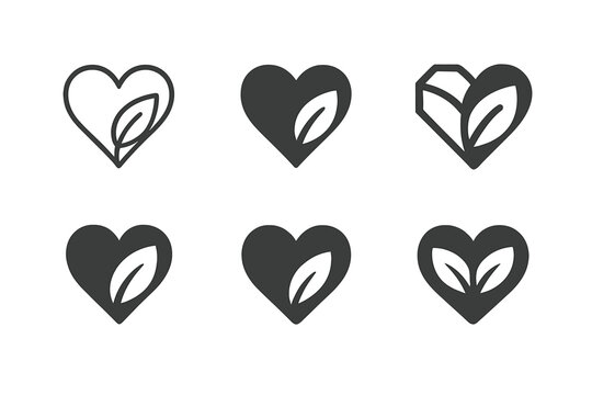 Healthy Aging Icons. Healthy aging. Icon set. Set Logo of healthy aging: heart and leaf. harmonious logo variations of the same emblematic concept, each with