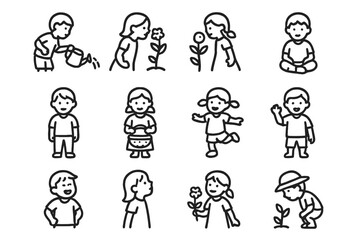 Children in Garden Icons. Children in garden. Line icon set of Children in garden: child watering plant, child smelling flower, child picking fruit, child