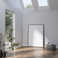 Modern Living Room Poster Frame Mockup with Natural Light and Minimalist Decoration. 3D render.