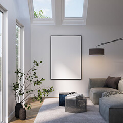 Modern Living Room Poster Frame Mockup with Natural Light and Minimalist Decoration. 3D render.