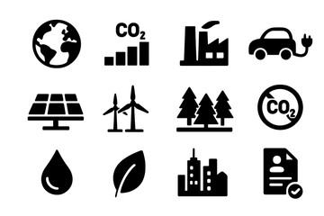 Climate Icon Set. Climate change mitigation. Solid icon set of Climate change mitigation: earth globe, greenhouse gas chart, clean factory, electric car, solar