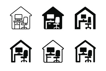 Fototapeta premium Hybrid Work Icons. Remote and hybrid workplaces. Icon set. Set Logo of Remote and hybrid workplaces: home office desk setup. harmonious logo variations of the