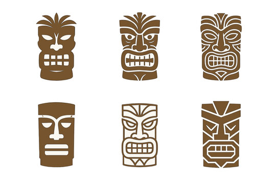 Tiki Bar Logos. Tropical tiki bar setup and decoration. Icon set. Set Logo of Tropical tiki bar setup and decoration: bamboo tiki mug. harmonious