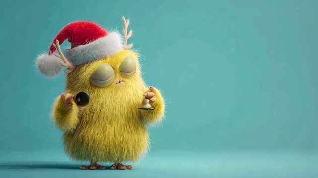 Funny fluffy monster in Santa hat with antlers jingling tiny bells for Christmas holiday motion design video