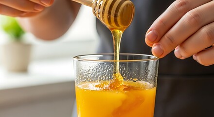 Person drizzles golden honey into a glass, creating a sweet beverage