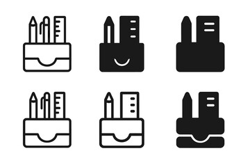 Obraz premium Minimal Workspace Icons. Arranging a workspace with office supplies. Icon set. Set Logo of Arranging a workspace with office supplies: minimalist drawer