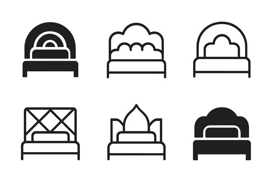 Bedroom Decor Icons. Upgrading your bedroom with stylish decor. Icon set. Set Logo of upgrading your bedroom with stylish decor: statement headboard.