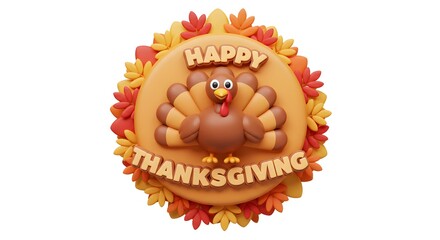 Cheerful 3D Happy Thanksgiving turkey with autumn leaves. Festive fall holiday illustration on white.