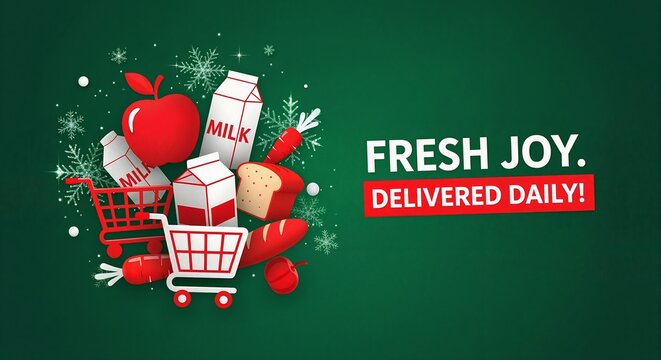 Grocery delivery service advertisement for Christmas holiday shopping. Online order of fresh food like milk, bread, and fruit. Vector illustration banner with copy space - Powered by Adobe