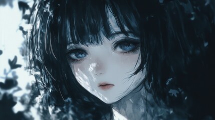 Fototapeta premium Sad anime girl portrait in monochrome forest light