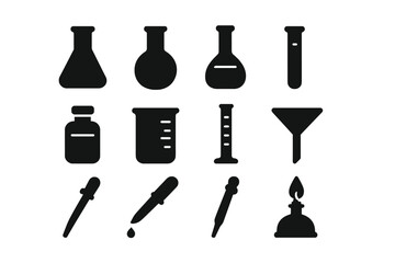 Obraz premium Scientific Glassware Icons. Scientific Glassware. Solid icon set of Scientific Glassware: Erlenmeyer flask, round-bottom flask, volumetric flask, Florence