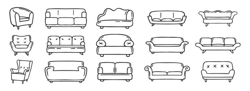 sofa and armchair doodle hand drawn icon set. luxury couch for apartment, comfort sofa models. Outline drawing sofa and armchair line clipart symbol collection
