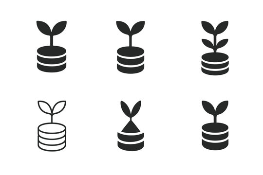 Entrepreneurial Growth Icons. A group of entrepreneurs discussing business growth and scalability. Icon set. Set Logo of financial growth: plant sprouting from