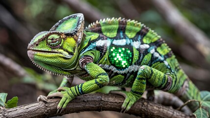 Extreme detail of an AI chameleon with a glowing digital skin panel