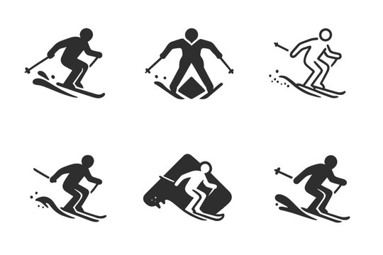 Skiing Icon Variations. Skiing on mountain slopes. Icon set. Set Logo of skiing on mountain slopes: dynamic skier icon with snow spray effect. harmonious logo