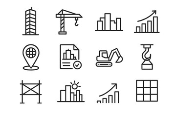 City Skyline Icons. City skylines. Solid icon set of City skylines: tall buildings, tower, dome, bridge, street lights, park, riverbank, apartment block,