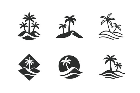 Oasis Logo Variations. Shifting Sands. Icon set. Set Logo of Shifting Sands: oasis palm cluster emerging from dunes. harmonious logo variations of the same