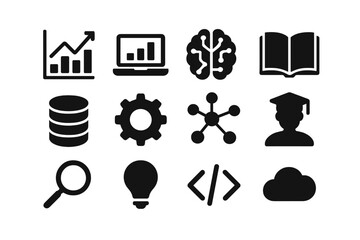 Data-Driven Education Icons. Data-driven education. Solid icon set of data-driven education: chart, laptop, AI brain, book, database, gear, network, student,