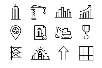 City Skyline Icons. City skylines. Solid icon set of City skylines: tall buildings, tower, dome, bridge, street lights, park, riverbank, apartment block,