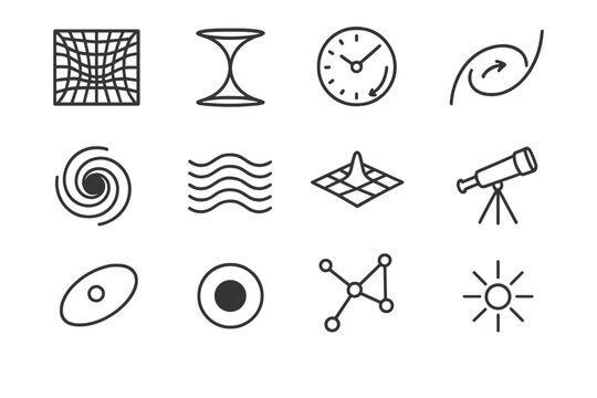 Cosmology Line Icons. Cosmology and space-time. Line icon set of cosmology and space-time: spacetime grid, wormhole, time dilation clock, curved light path,