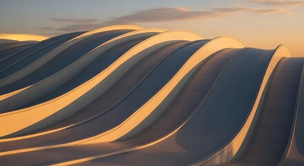 Undulating architectural pattern illuminated by soft golden sunset light