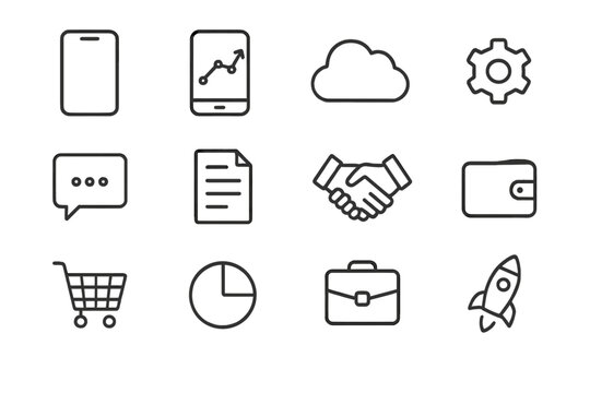 Mobile Business Icons. Mobile-first business solutions. Line icon set of mobile-first business solutions: smartphone, analytics chart, cloud, settings gear,