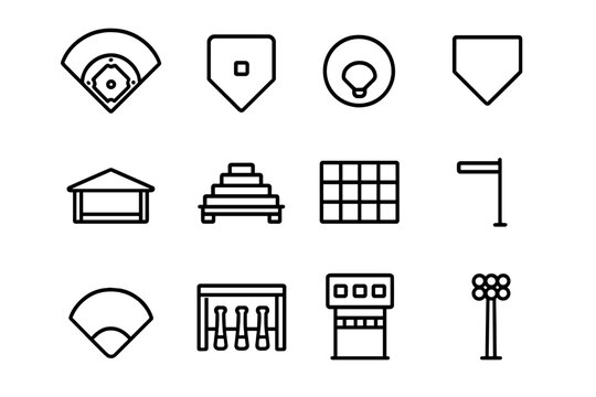 Baseball Field Icons. Baseball field. Line icon set of baseball field: diamond, base, pitcher mound, home plate, dugout, bleachers, fence, foul pole,