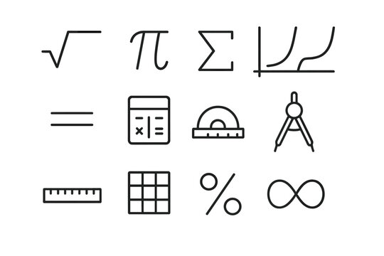 Mathematical Icon Set. Mathematical formulas. Line icon set of mathematical formulas: square root symbol, pi symbol, sigma summation, function graph, equation