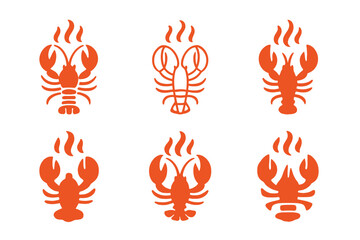Spicy Seafood Logos. Spicy seafood. Icon set. Set Logo of Spicy Seafood: lobster with heat wave accents. harmonious logo variations of the same emblematic