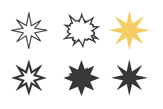 Burst Icon Variations. Burst. Icon set. Set Logo of Burst: comic-style impact explosion. harmonious logo variations of the same emblematic concept, each with