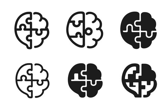 Strategic Brain Logos. Engaging in a strategy game. Icon set. Set Logo of engaging in a strategy game: brain icon merged with puzzle grid. harmonious logo