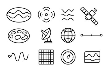 Cosmic Microwave Icons. Cosmic microwave background. Line icon set of cosmic microwave background: wave map, radiation pattern, frequency lines, satellite