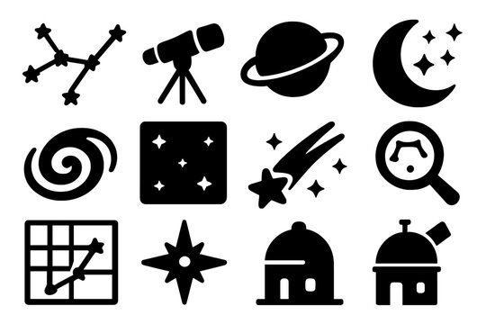 Constellation Icon Set. Constellations. Solid icon set of Constellations: Orion belt, Big Dipper, Cassiopeia, star connection lines, telescope, night sky,