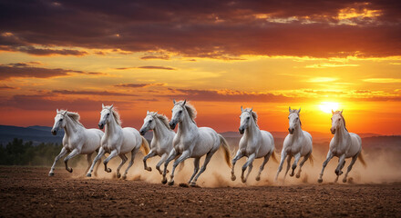 six majestic white horses galloping across a field