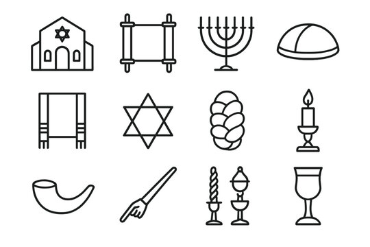 Judaism Ritual Icons. Judaism rituals. Line icon set of Judaism rituals: synagogue, Torah scroll, menorah, kippah, prayer shawl, Star of David, challah bread,
