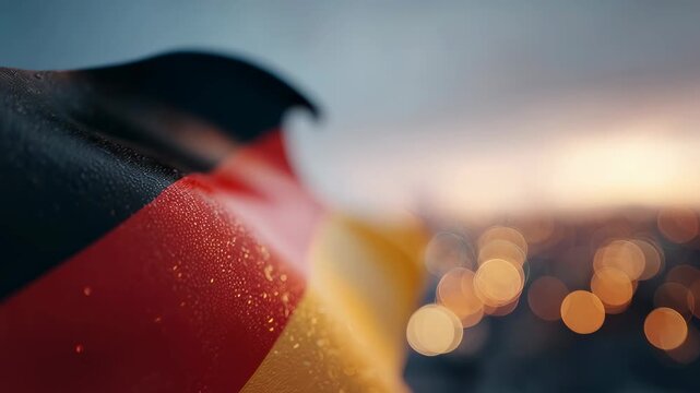 Close up of German flag with bokeh city lights background. Patriotism and national pride concept.