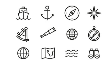 Marine Icon Set. Marine navigation. Line icon set of marine navigation: ship, anchor, compass, sextant, telescope, North Star, globe, map, astrolabe, chart,