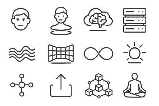 Virtual Consciousness Icons. Virtual consciousness. Line icon set of virtual consciousness: avatar face, floating hologram, brain in cloud, server rack, data