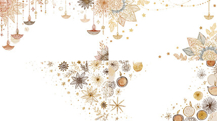 Festive Diwali inspired illustration with mandalas, oil lamps, stars, and floral details in soft warm colors. Decorative frame suitable for greeting cards and cultural celebrations.