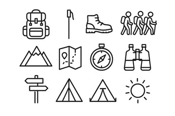 Fototapeta premium Hiking Essentials Icons. Hiking trip essentials. Line icon set of Hiking trip essentials: backpack, walking stick, hiking boots, group of hikers, mountain,