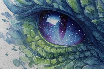 Fantasy space dragon eye in watercolor