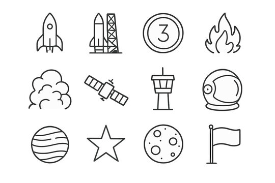 Rocket Launch Icons. Launch Sequence. Line icon set of Launch Sequence: rocket, ignition flame, smoke, countdown clock, control panel, radar, tower, checklist,