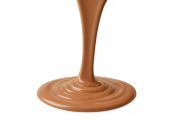 Pouring brown caramel or chocolate sauce creating a swirling puddle, sweet dessert topping, transparent background