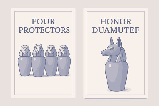 Honor Duamutef Banners. Sons of Horus. Two vertical A6 banners with safe margins, centered composition, no elements touching edges, pastel, indigo and silver,