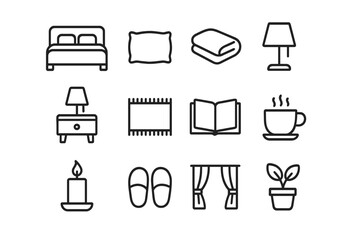 Bedroom Comfort Icons. Bedroom Comfort. Line icon set of Bedroom Comfort: bed, pillow, blanket, lamp, nightstand, rug, book, cup, candle, slippers, curtain,