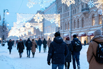 People shopping and strolling in festive winter city, lively mood, snowy street with holiday lights and decorations, with copy space